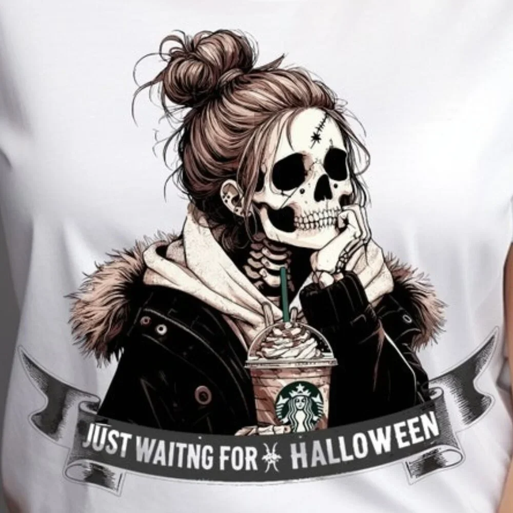 Just waiting for Halloween Png, Skeleton Shirt, Vintage Halloween T-Shirt - Picture 2 of 4